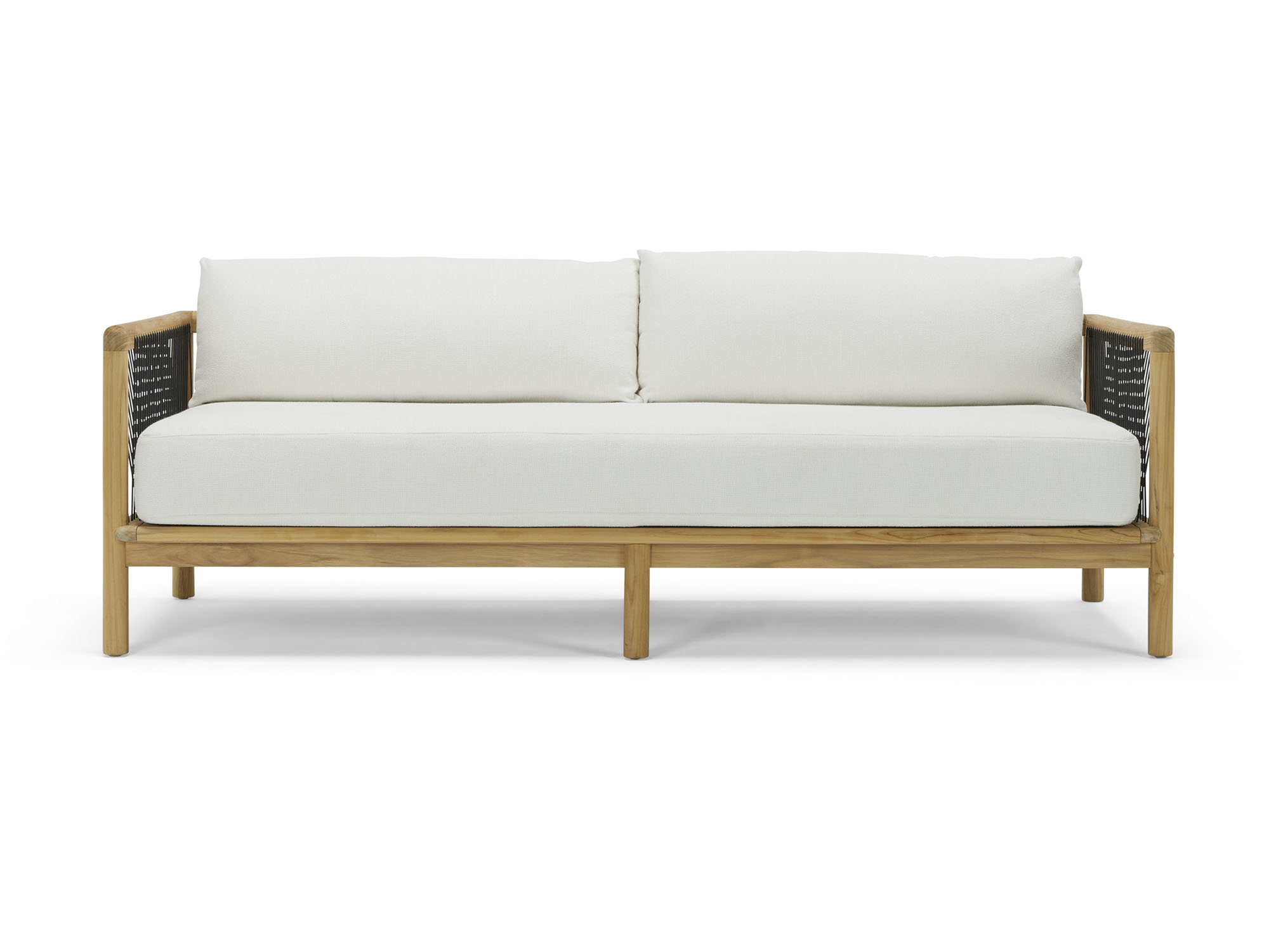 Front view of two seat outdoor sofa with white cushions